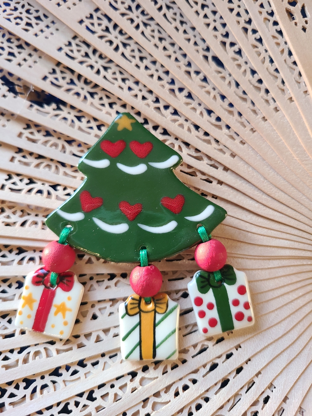 Vintage Green and Red Christmas Tree Brooch with Gift Charms